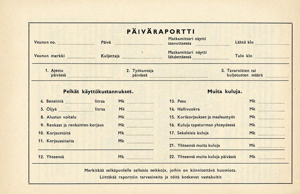 Vaunun no. Päivä PÄIVÄRAPORTTI Matkamittari näytti saavuttaessa Lähtö klo Vaunun merkki Kuljettaja Matkamittari näytti lähdettäessä.,. Tulo klo 1. Ajettu 2. Työtunteja 3.