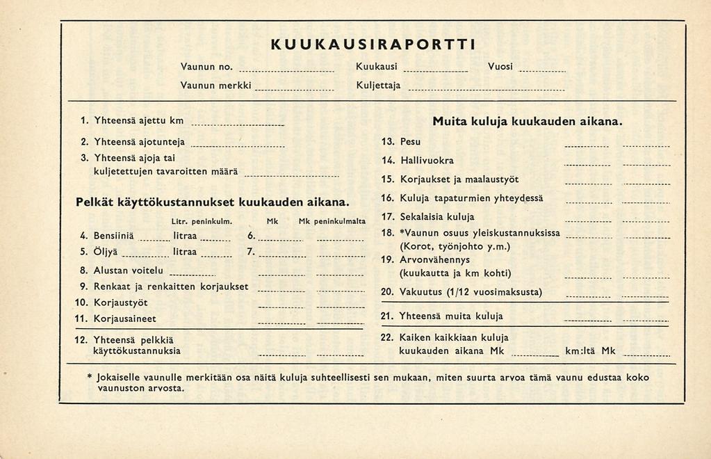 KUUKAUSIRAPORTTI Vaunun no. Kuukausi Vuosi Vaunun merkki Kuljettaja 1. Yhteensä ajettu km Muita kuluja kuukauden aikana. 2. Yhteensä ajotunteja 3.