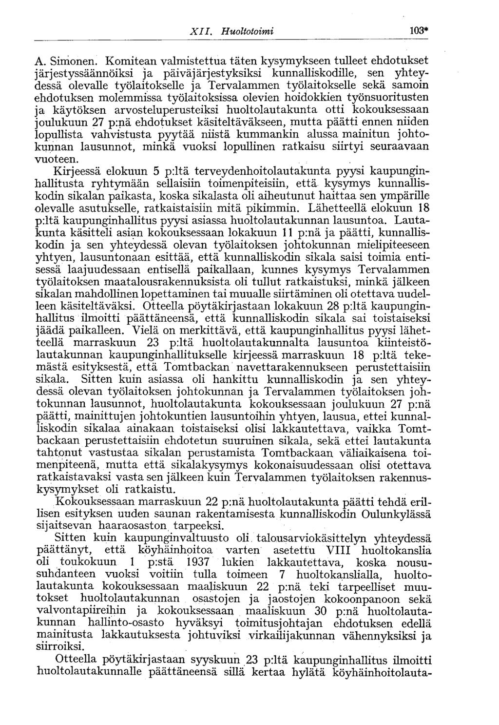 XII. Huoltotoimi 0* A. Simonen.