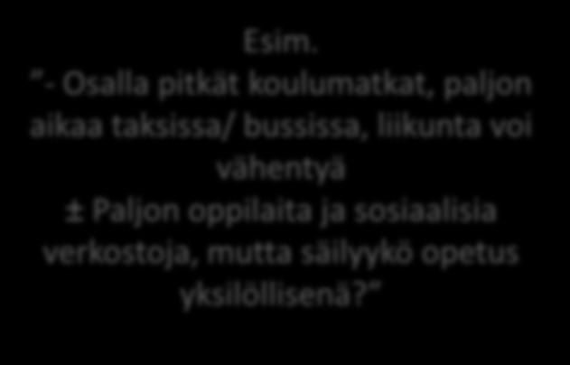 - Osalla pitkät koulumatkat, paljon aikaa taksissa/ bussissa, liikunta voi