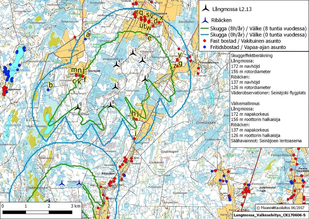 Sivu 10 / 12 4.2 Långmossan ja Ribäckenin yhteisvaikutukset Seuraavassa kuvassa on Långmossan ja Ribäckenin voimaloiden välkemallinnuksen yhteisvaikutusten tulokset. Kuva 5.