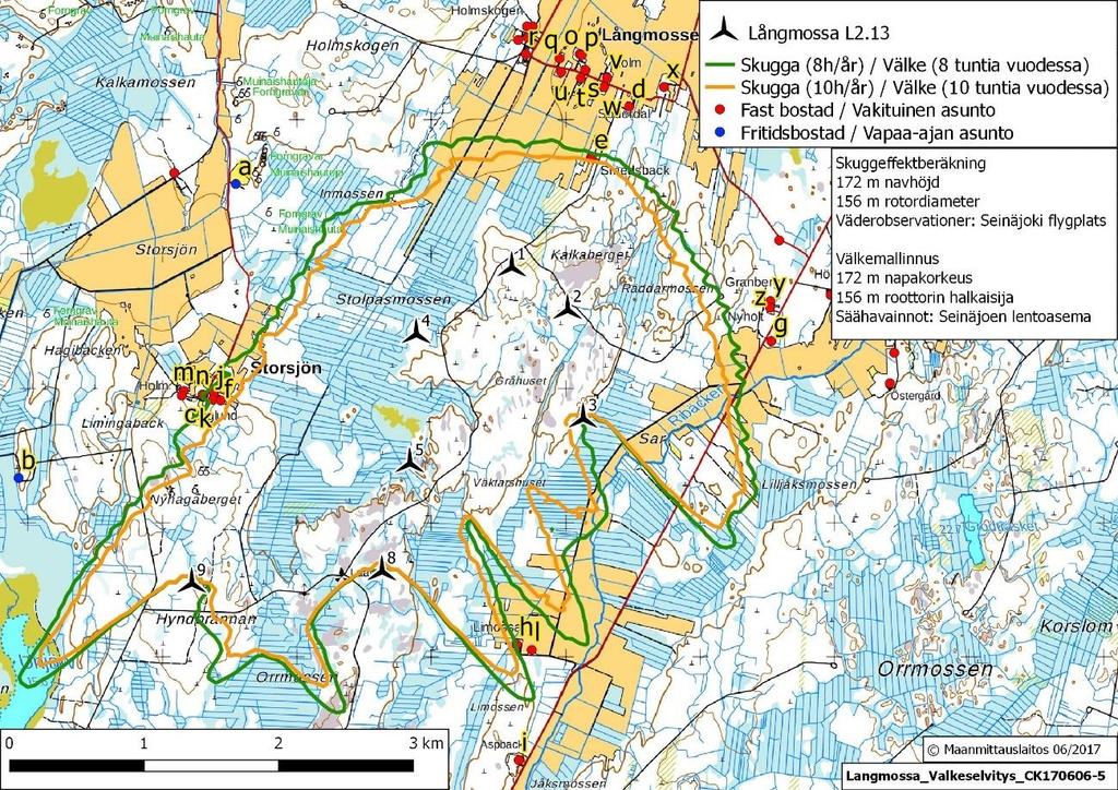 Sivu 7 / 12 4.1 Långmossan välkevaikutukset Seuraavassa kuvassa on välkemallinnuksen tulokset esitettynä visuaalisesti ja sen jälkeen tuloksia on selostettu yksityiskohtaisesti sanallisesti. Kuva 2.