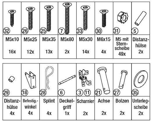 6 4. Osaluettelo ja ruuvipussi 1. Kansi 1 2. Logo 1 3. Sarana, ylempi 1 4. Lämpöhylly 1 5. Kahvan lämpöeriste 2 6. Kannen kahva 1 7. Ruuvi M5x80 2 8. Grillausritilä 1 9. Laavakiviritilä 1 10.