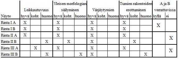 TAULUKKO 2. Kasvainta sisältävät rintanäytteet Toisessa rintanäytteessä A- ja B-näyte eivät olleet verrattavissa ja B-näyte onkin ollut huono leikata.