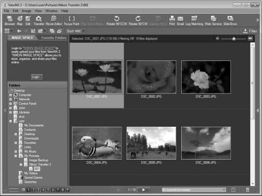 Kuvien katselu Kuvat näkyvät ViewNX 2:ssa, kun siirto on päättynyt. A ViewNX 2:n manuaalinen käynnistys Windows: Kaksoisnapsauta työpöydän ViewNX 2 -pikakuvaketta.