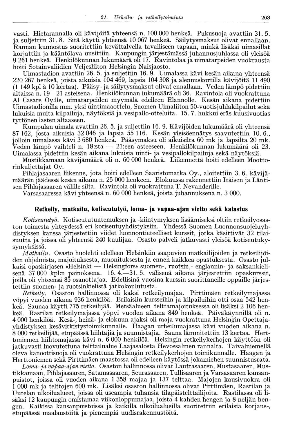 203 21. Urheilu- ja retkeilytoiminta vasti. Hietarannalla oli kävijöitä yhteensä n. 100 000 henkeä. Pukusuoja avattiin 31. 5. ja suljettiin 31. 8. Sitä käytti yhteensä 10 067 henkeä.