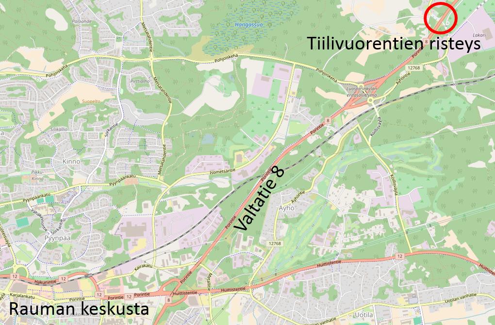 15 7.2 Kohteen esittely Tiilivuorentien ja valtatie 8:n risteysalue sijaitsee noin 4 kilometriä Rauman keskustasta Porin suuntaan.