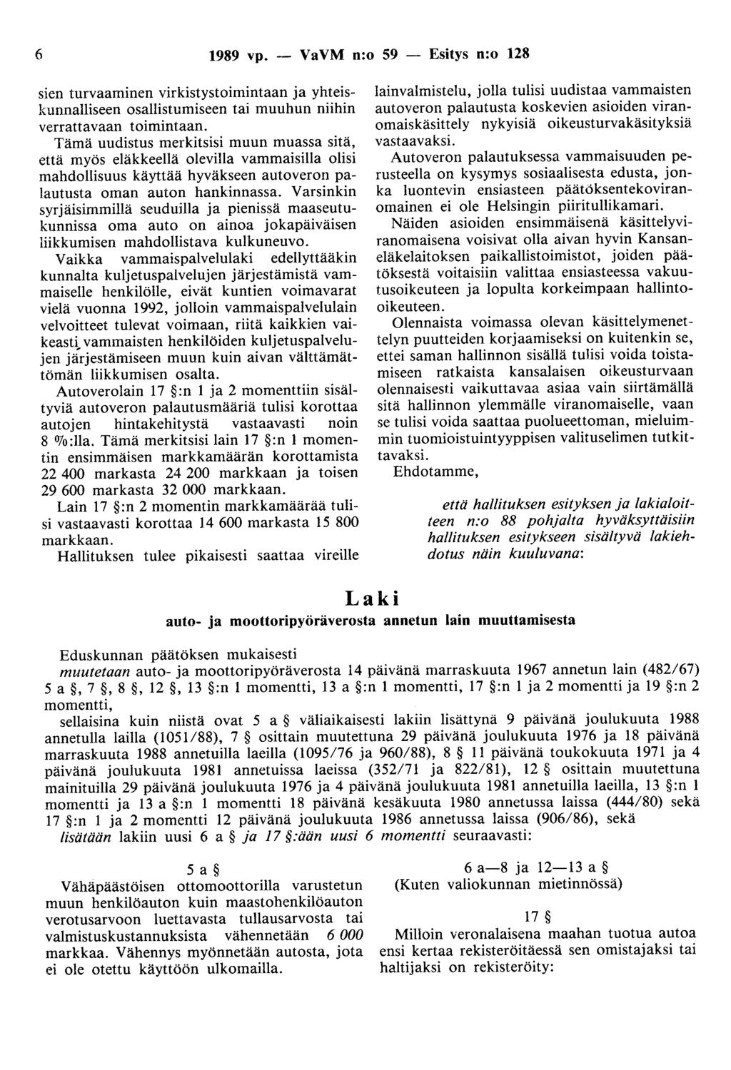 6 1989 vp. - VaVM n:o 59 - Esitys n:o 128 sien turvaaminen virkistystoimintaan ja yhteiskunnalliseen osallistumiseen tai muuhun niihin verrattavaan toimintaan.