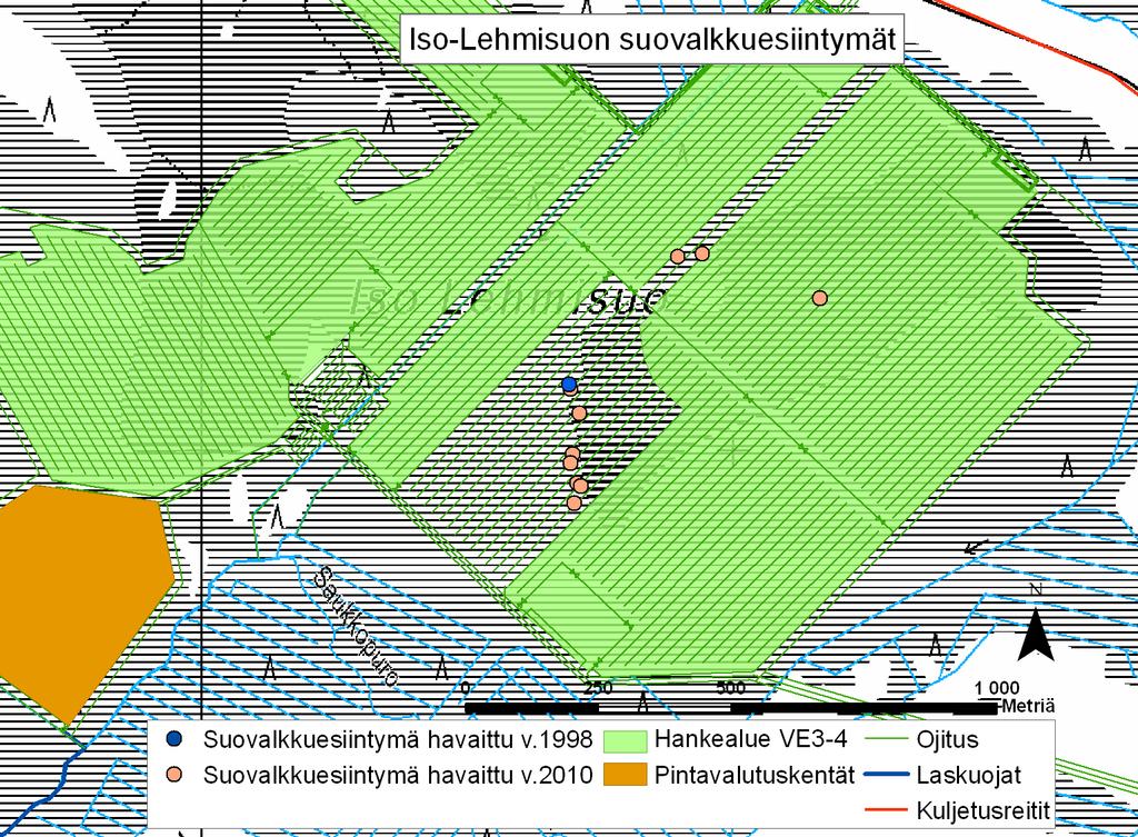 Iso-Lehmisuon ja Matkalamminkurun turvetuotantoalueen YVA-selostus 104(122) Kuva 34. Iso-Lehmisuon suovalkkuesiintymät kesällä 1998 ja kesällä 2010.