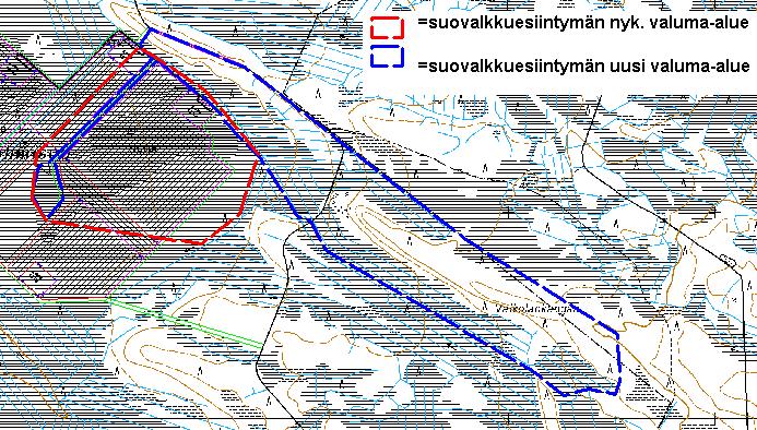 Iso-Lehmisuon ja Matkalamminkurun turvetuotantoalueen YVA-selostus 105(122) Kuva 35. Hankealueella vuonna 1998 havaitun suovalkkuesiintymän nykyinen valuma-alue.