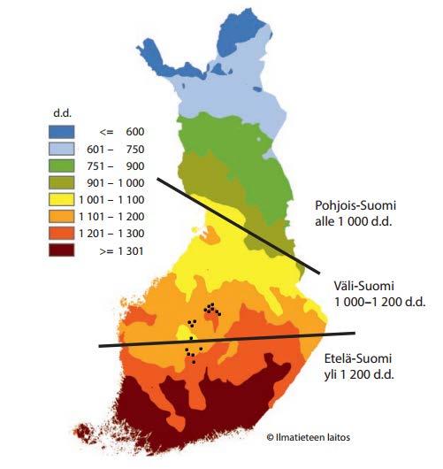 alusta. Vastaavasti kasvukausi päättyy syksyllä, kun samainen keskilämpötila laskee pysyvästi +5 C alapuolelle tai saadaan pysyvä lumipeite (Ilmatieteenlaitos 2016).