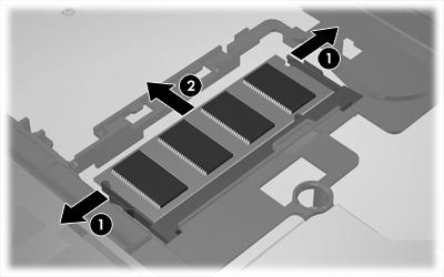 b. Tartu muistimoduuliin (2) sen reunasta ja vedä moduuli varovasti ulos muistimoduulipaikasta. (Aseta muistimoduuli staattiselta sähköltä suojattuun pakkaukseen.) 13.