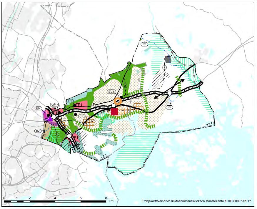 Länsimäen ja Länsisalmen alueiden metrolinjauksen ja siihen liittyvän maankäytön osalta. Kaavaratkaisu on muilta osin samanlainen sekä Pohjoisessa että Suorassa vaihtoehdossa.