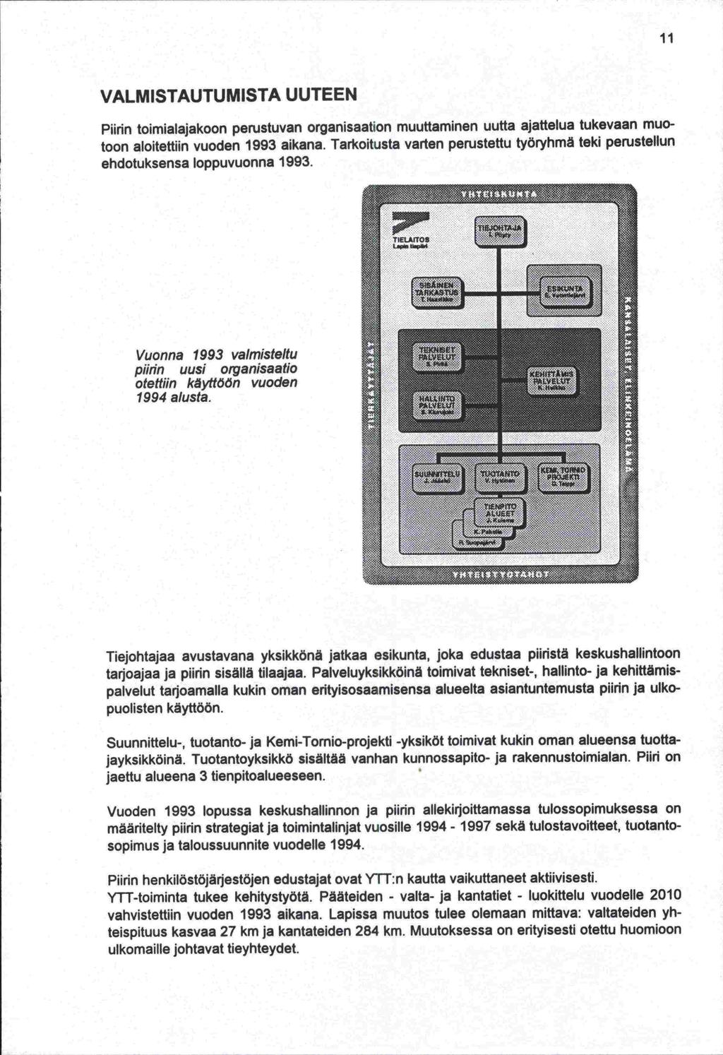 11 VALMISTAUTUMISTA UUTEEN Piirin toirnialajakoon perustuvan organisaation muuttaminen uutta ajattelua tukevaan muotoon aloitettiin vuoden 1993 aikana.