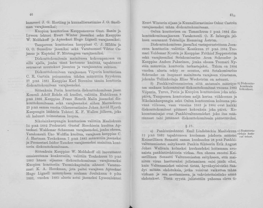 46 kamreeri J. G. H ortling ja kunnallisraatimies J. G. Snellman varajäseniksi; Kuopion konttorissa Kauppaneuvos Gust. Ranin ja Lyseon lehtori Evert 'Winter jäseniksi sekä Kauppias W.