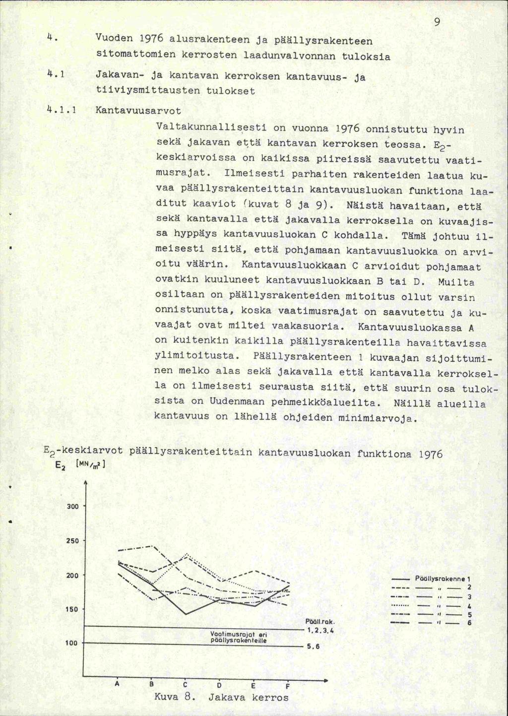 1 Vuoden 1976 alusrakerxteen ja päällysrakenteen sitomattomien kerrosten laadunvalvonnan tuloksia Jakavan- ja kantavari kerroksen kantavuus- ja tilviysmittausten tulokset k. 1. 1 Kantavuusarvot Valtakunnallisesti on vuonna 1976 onnistuttu hyvin sekä jakavan että kantavan kerroksen teossa.