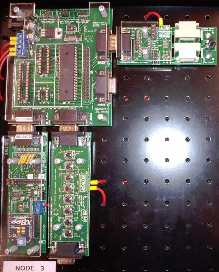 Node 1 koostui mikrokontrollerikortista, ZigBee-kortista ja graafisesta LCD-näytöstä. Node 3 koostui mikrokontrollerikortin ja ZigBee-kortin lisäksi sensorikortista ja lämpöanturista.