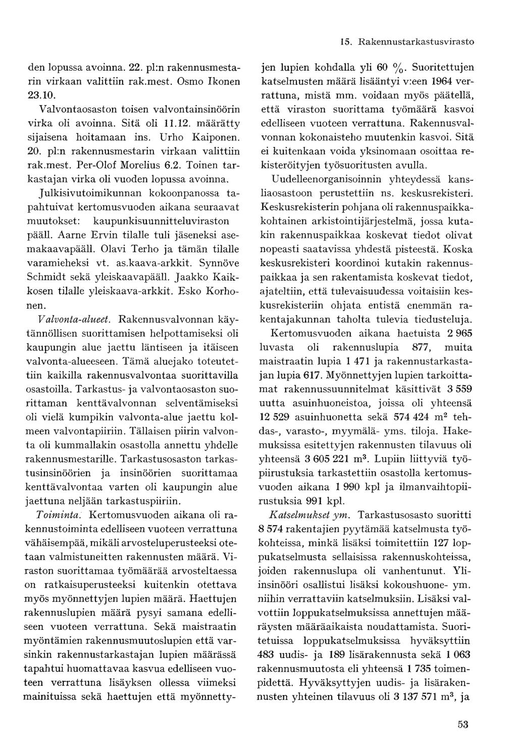 den lopussa avoinna. 22. pl:n rakennusmestarin virkaan valittiin rak.mest. Osmo Ikonen 23.10. Valvontaosaston toisen valvontainsinöörin virka oli avoinna. Sitä oli 11.12.