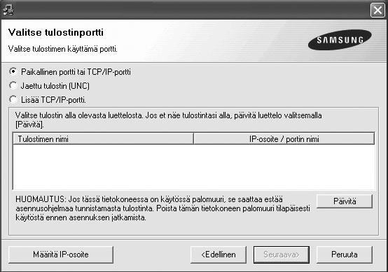 5 Valitse tulostin ja napsauta Seuraava. 6 Valitse asennettavat komponentit ja napsauta Seuraava. HUOMAA: Jos tulostinta ei ole kytketty tietokoneeseen, seuraava ikkuna tulee näkyviin.