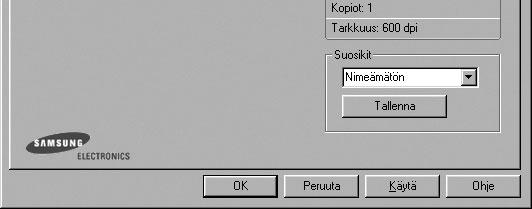 Suosikit-asetuksen käyttäminen Jokaisessa ominaisuusvälilehdessä olevan Suosikit-asetuksen avulla voit tallentaa nykyiset ominaisuusasetukset tulevaa käyttöä varten.