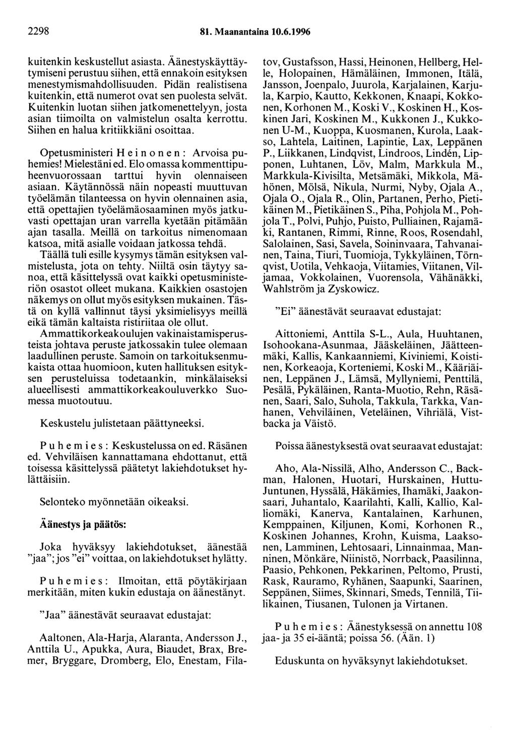2298 81. Maanantaina 10.6.1996 kuitenkin keskustellut asiasta. Äänestyskäyttäytymiseni perustuu siihen, että ennakoin esityksen menestymismahdollisuuden.