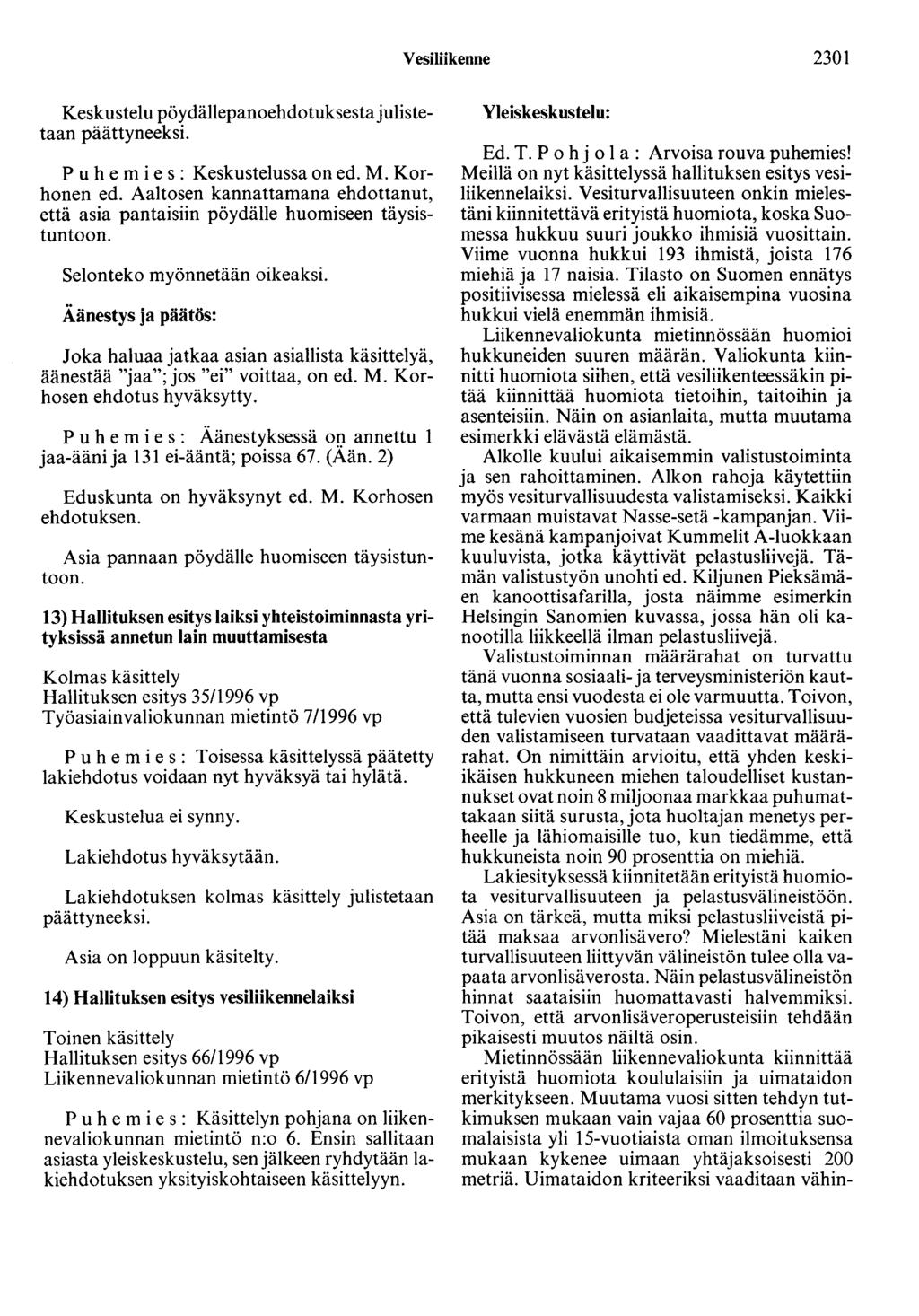 Vesiliikenne 2301 Keskustelu pöydällepanoehdotuksesta julistetaan päättyneeksi. Puhemies : Keskustelussa on ed. M. Korhonen ed.