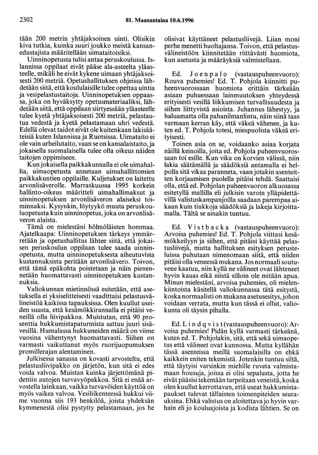 2302 81. Maanantaina 10.6.1996 tään 200 metrin yhtäjaksoineo uinti. Olisikin kiva tutkia, kuinka suuri joukko meistä kansanedustajista määritellään uimataitoisiksi.