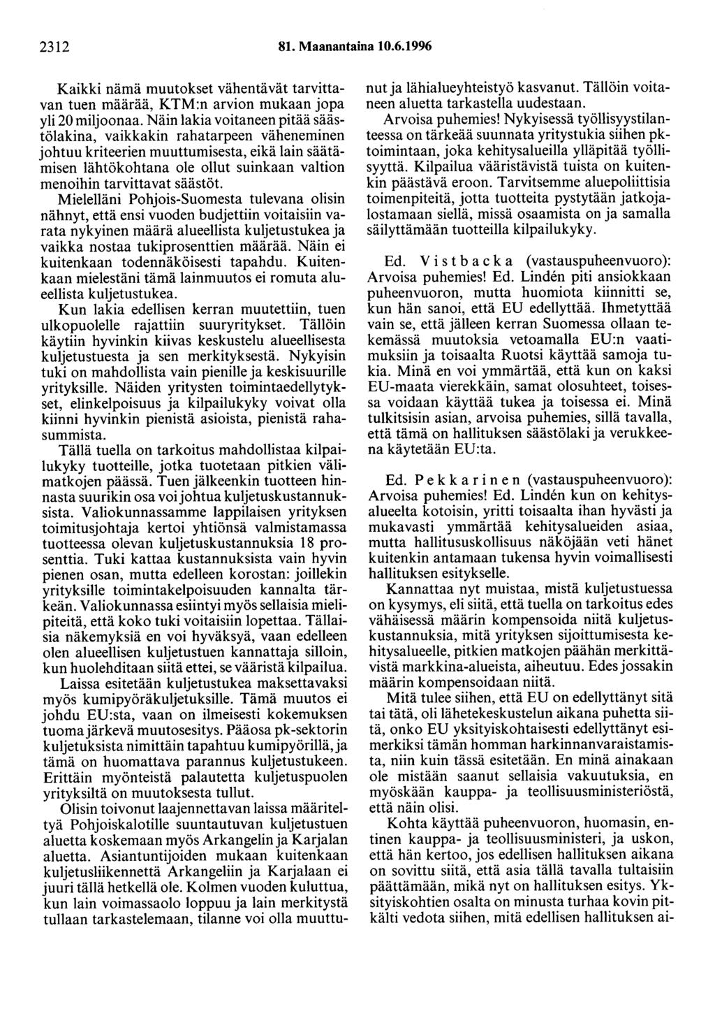 2312 81. Maanantaina 10.6.1996 Kaikki nämä muutokset vähentävät tarvittavan tuen määrää, KTM:n arvion mukaan jopa yli 20 miljoonaa.