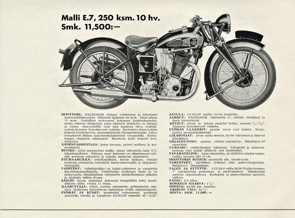 Malli E.7, 250 ksm. 10 hv. Smk. 11,500:- MOOTTORI: KXCF,T,SIOR tehtaan valmistama ja rakentama kansiventtiilimoottori. Silinterin läpimitta 88 m/m. Iskun pituus 79 m/m.