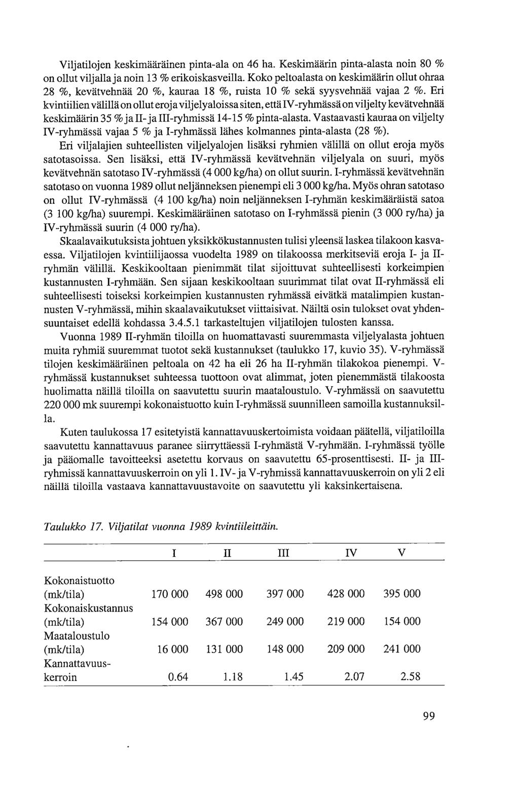 Viljatilojen keskimääräinen pinta-ala on 46 ha. Keskimäärin pinta-alasta noin 80 % on ollut viljalla ja noin 13 % erikoiskasveilla.