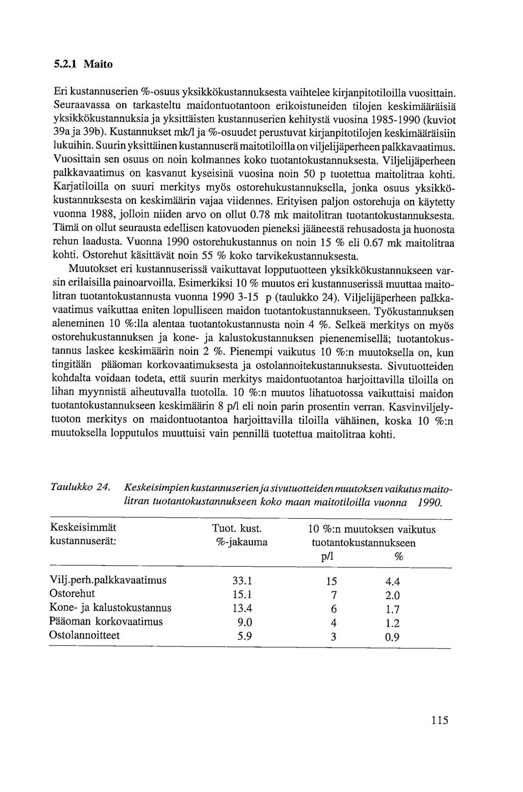5.2.1 Maito Eri kustannuserien %-osuus yksikkökustannuksesta vaihtelee lcirjanpitotiloilla vuosittain.