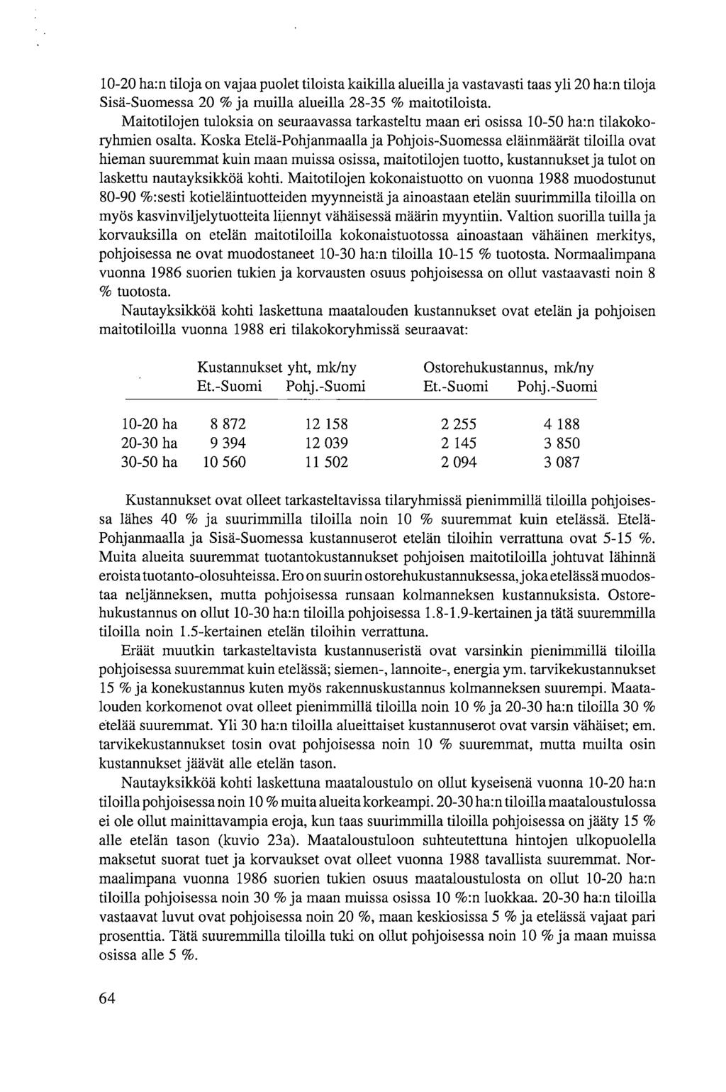10-20 ha:n tiloja on vajaa puolet tiloista kaikilla alueilla ja vastavasti taas yli 20 ha:n tiloja Sisä-Suomessa 20 % ja muilla alueilla 28-35 % maitotiloista.