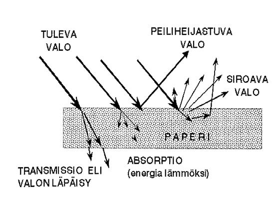 TAMPEREEN AMMATTIKORKEAKOULU TUTKINTOTYÖ 16(52) Kuva 4 valonsäteenkulku sen kohdatessa paperin pinnan/3/ Eri heijastustavat saavat aikaan eri ominaisuuksia.