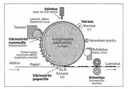 TAMPEREEN AMMATTIKORKEAKOULU TUTKINTOTYÖ 7(52) josta se siirretään paperille. Painoperiaate perustuu fotojohteiseen painorumpuun, jonka varausta pystytään muuttamaan valotuksella.