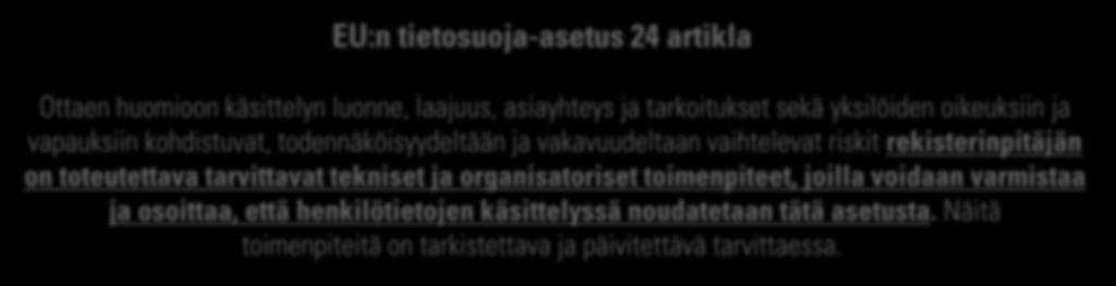 vaihtelevat riskit rekisterinpitäjän on toteutettava tarvittavat tekniset ja organisatoriset toimenpiteet, joilla voidaan