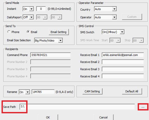 KUN OK PAINETTU CAM SETTING TAULUKOSTA, PALAAT TAKAISIN ASETUSTYÖKALUN PÄÄVALIKKOON: CAM SETTING OK tallennuksen jälkeen tarkasta lopuksi tallennuspolku SD muistikortille.