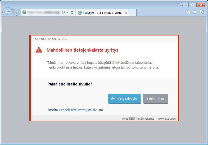 HUOMAUTUS Tietojenkalastelua mahdollisesti yrittävät Web-sivustot, jotka on lisätty sallittujen osoitteiden luetteloon, siirtyvät kiellettyjen osoitteiden luetteloon oletusarvoisesti muutaman tunnin