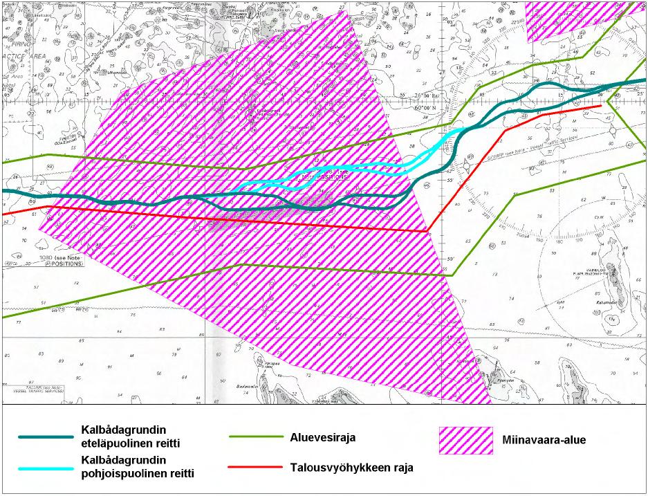 348 Kuva 6.7 Sotatarvikeriskialueet Kalbådagrundissa Kulttuuriperintökohteet Tarkoissa geofyysisissä tutkimuksissa ei ole havaittu hylkyjä reittikäytävässä tai Kalbådagrundin lähistössä.