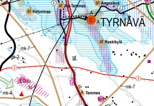 Kuva 12-9. Ote Pohjois-Pohjanmaan vahvistettujen maakuntakaavojen yhdistelmästä.