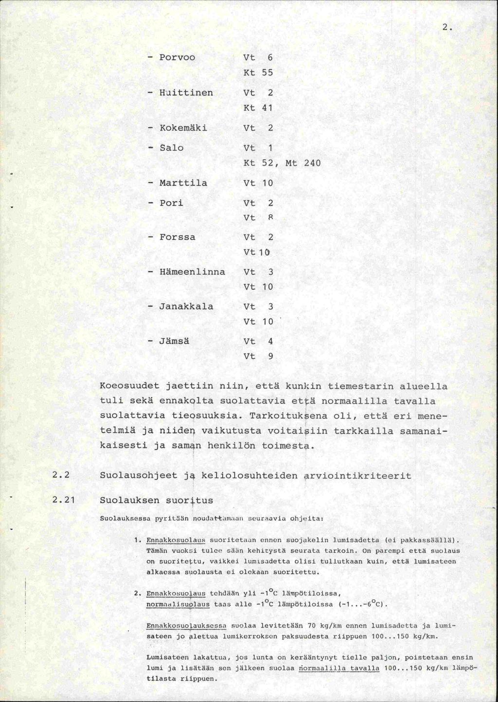 2. - Porvoo - Huittinen - Kokemäki - Salo - Marttila - Pori - Forssa - Hämeenlinna - Janakkala - Jämsä Vt 6 Kt 55 Vt 2 Kt 41 Vt 2 Vt 1 Kt 52, Mt 240 vt 10 Vt 2 Vt 8 vt 2 Vt 1 c vt 3 vt 10 vt 3 vt 10