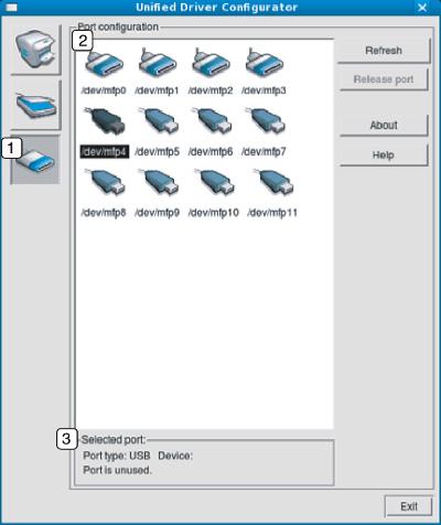 Unified Driver Configurator -työkalun käyttäminen Linuxissa 12 Ports configuration Tässä ikkunassa voit tarkastella käytettävissä olevien porttien luetteloa, tarkistaa kunkin portin tilan ja
