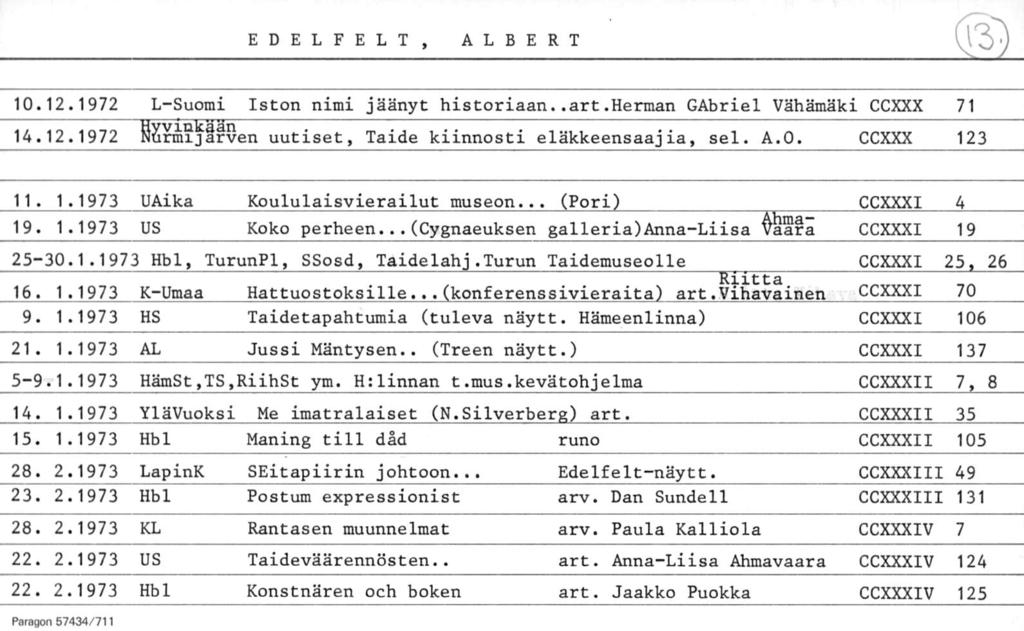 EDELFELT, ALBERT (13 ) 10.12.1972 LSuomi Iston nimi jäänyt historiaan..art.herman GAbriel Vähämäki CCXXX 71 14.12.1972 uutiset, Taide kiinnosti eläkkeensaajia, sei. A.O. CCXXX 123 11. 1.1973 UAika 19.