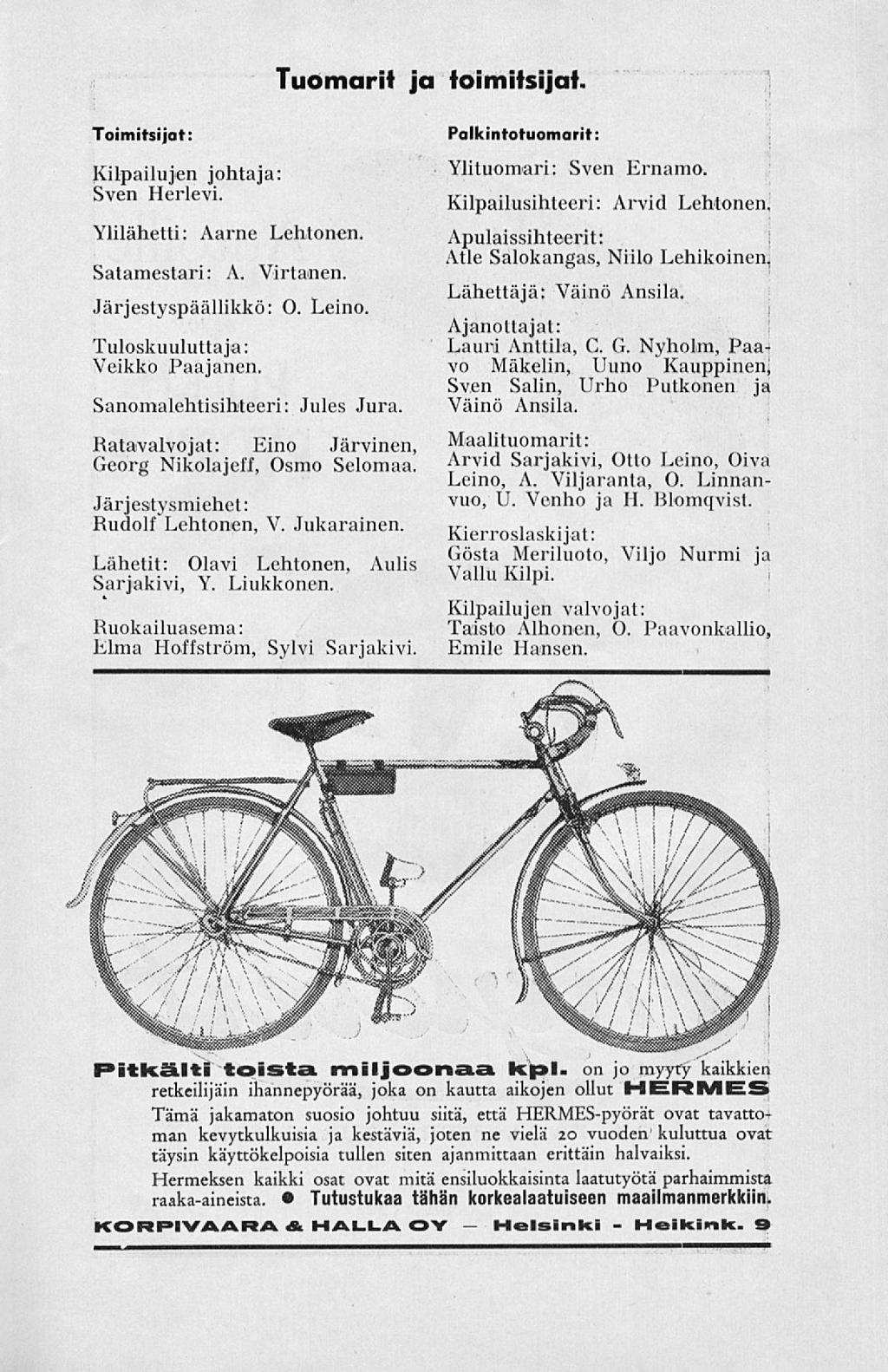 Helsinki Helkink. Tuomarit ja toimitsijat. Toimitsijat: Kilpailujen johtaja: Sven Herlevi. Ylilähetti: Aarne Lehtonen. Satamestari: A. Virtanen. Järjestyspäällikkö: O. Leino.