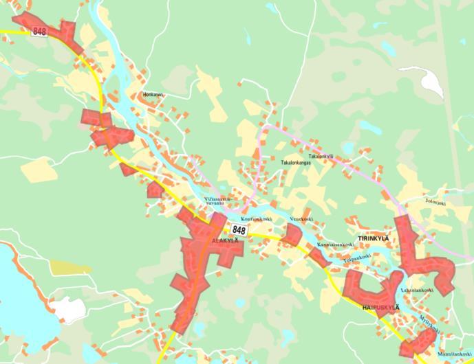 Laajahkot alueet pääteiden varsilla kuuluvat Oulun Veden viemäriverkoston toiminta-alueeseen (kartta vasemmalla).