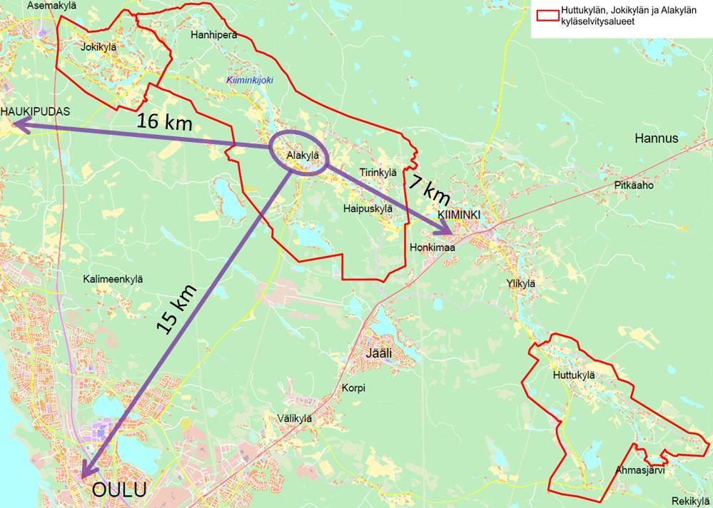 1 Kyläselvityksen lähtökohdat JOKIKYLÄ ALAKYLÄ Kiiminkijokivarren kyläselvitysalueet. Etäisyys Alakylän koululta maanteitse Oulun keskustaan sekä Haukiputaan ja Kiimingin keskuksiin.