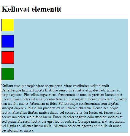 Kellutus (float left, float right, float both) <main> <p id="p1"></p> <p id="p2"></p> <p id="p3"></p> <p id="p4"></p> <section> tekstiä </section> </main> p { width: 50px; height: 50px; border: 1px