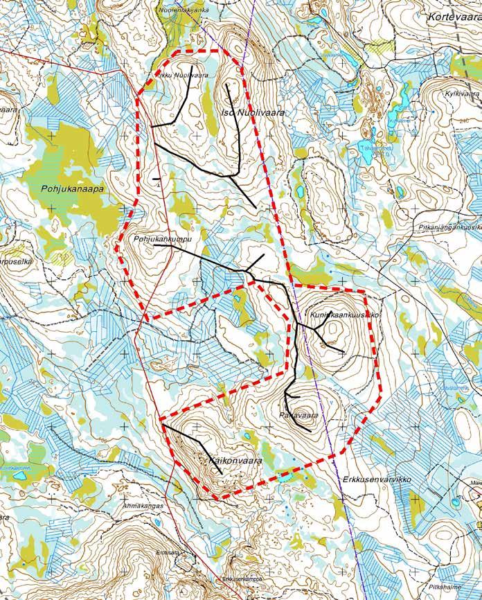 8 uva 3. Jälkihavainnot lajeittain ja reiteittäin. ustat nuolet kuvaavat jälkien suuntaa 19.4. ja punaiset jälkien suuntaa 26.4. laskennassa.