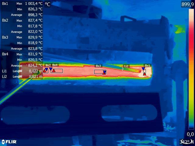 73 Kuva 28. FLIR Tools -ohjelmistolla määritetyt alueet lämpökameran ja termoelementtien lämpötiladatojen vertailua varten. Vertailulla on mahdollista varmentaa sulan emissiviteetin arvo.
