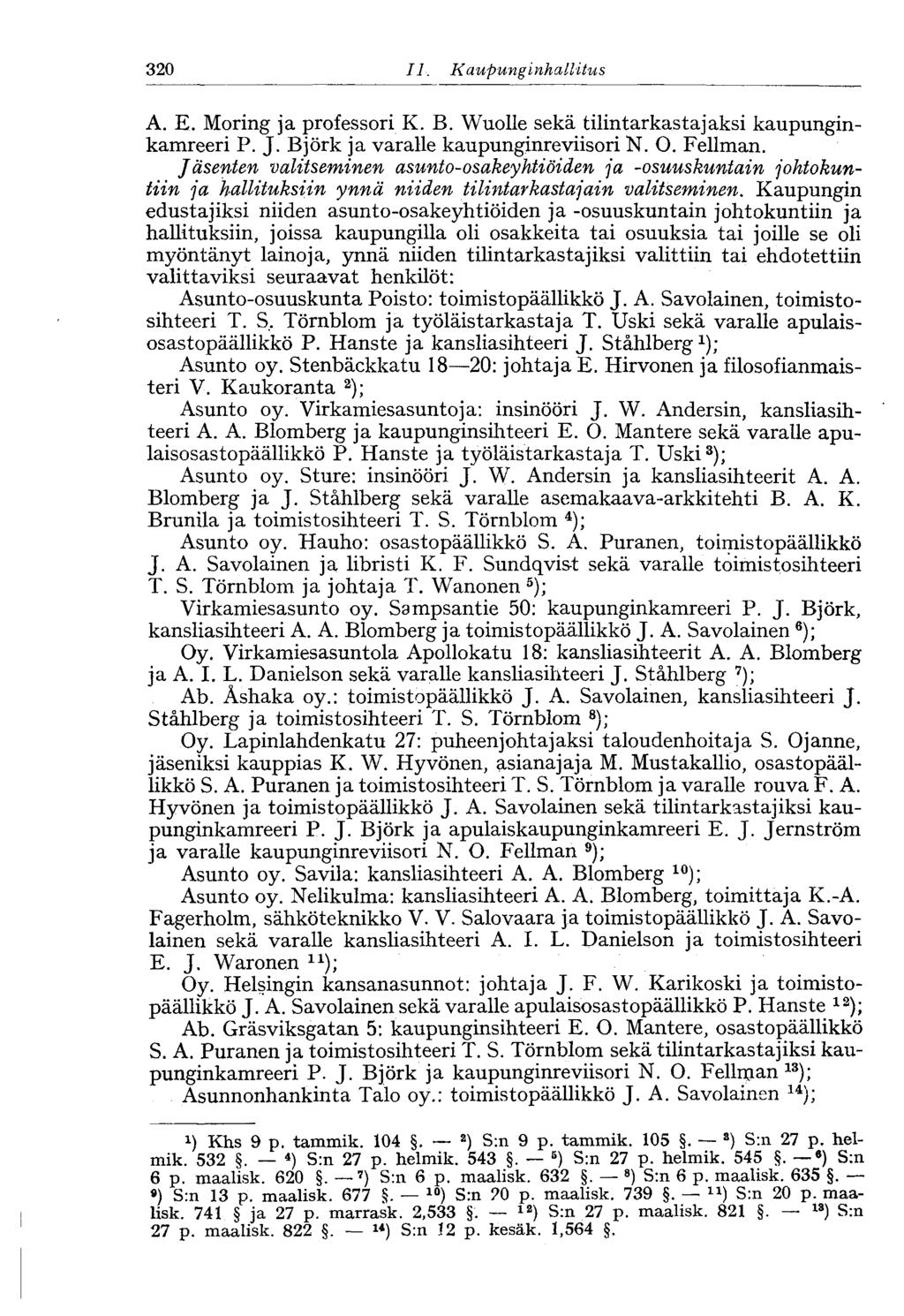 320 II. Kaupunginhallitus 244- A. E. Moring ja professori K. B. Wuolle sekä tilintarkastajaksi kaupunginkamreeri P. J. Björk ja varalle kaupunginreviisori N. O. Fellman.