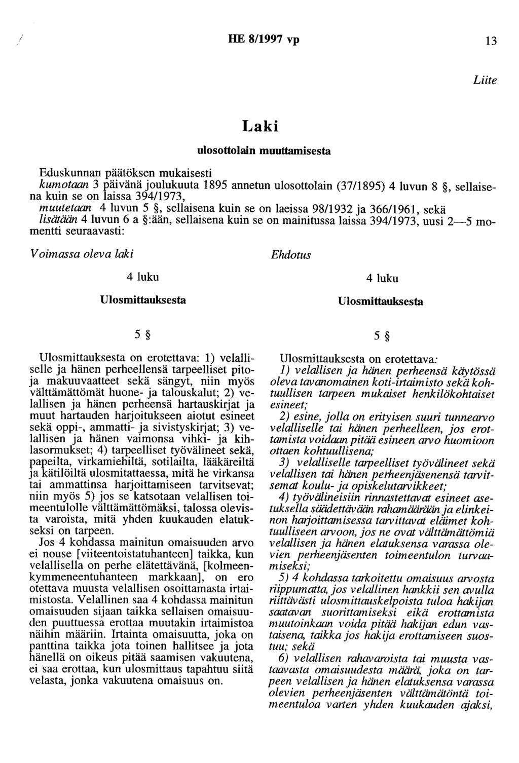 1 HE 8/1997 vp 13 Liite Laki ulosottolain muuttamisesta Eduskunnan päätöksen mukaisesti kumotaan 3 päivänä joulukuuta 1895 annetun ulosottolain (37/1895) 4 luvun 8, sellaisena kuin se on laissa